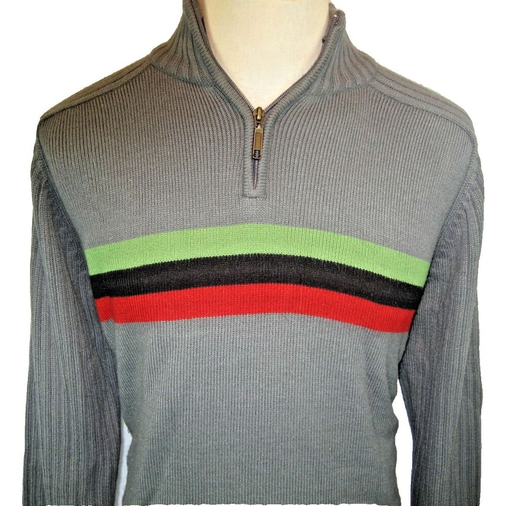 Mens Arizona Gray Striped Acrylic 1/4 Zip Pullover Rugby Sweater sz Lg